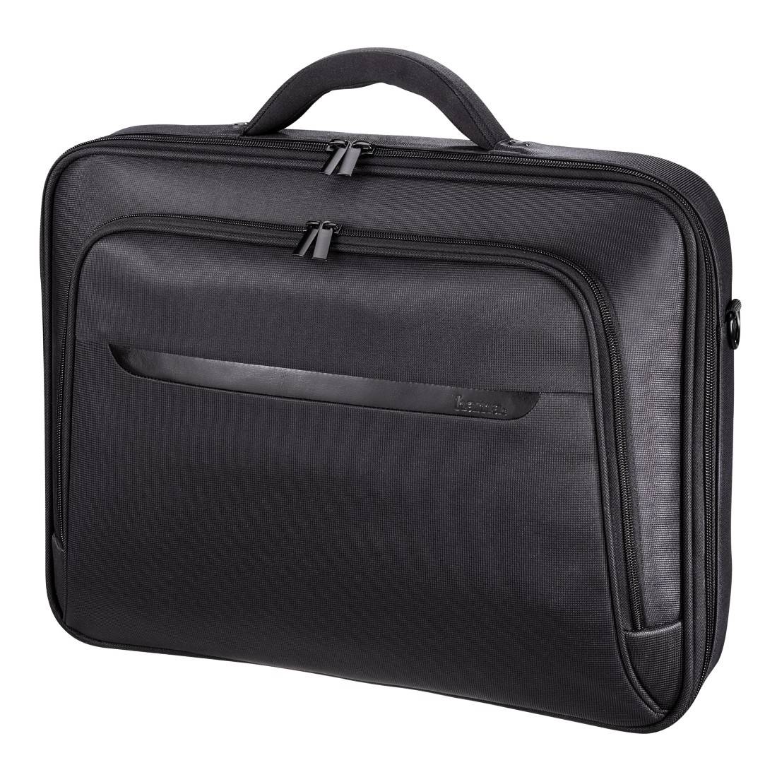 Zwarte laptoptas met twee ritsvakken en handgreep, geschikt voor het veilig vervoeren van een laptop.