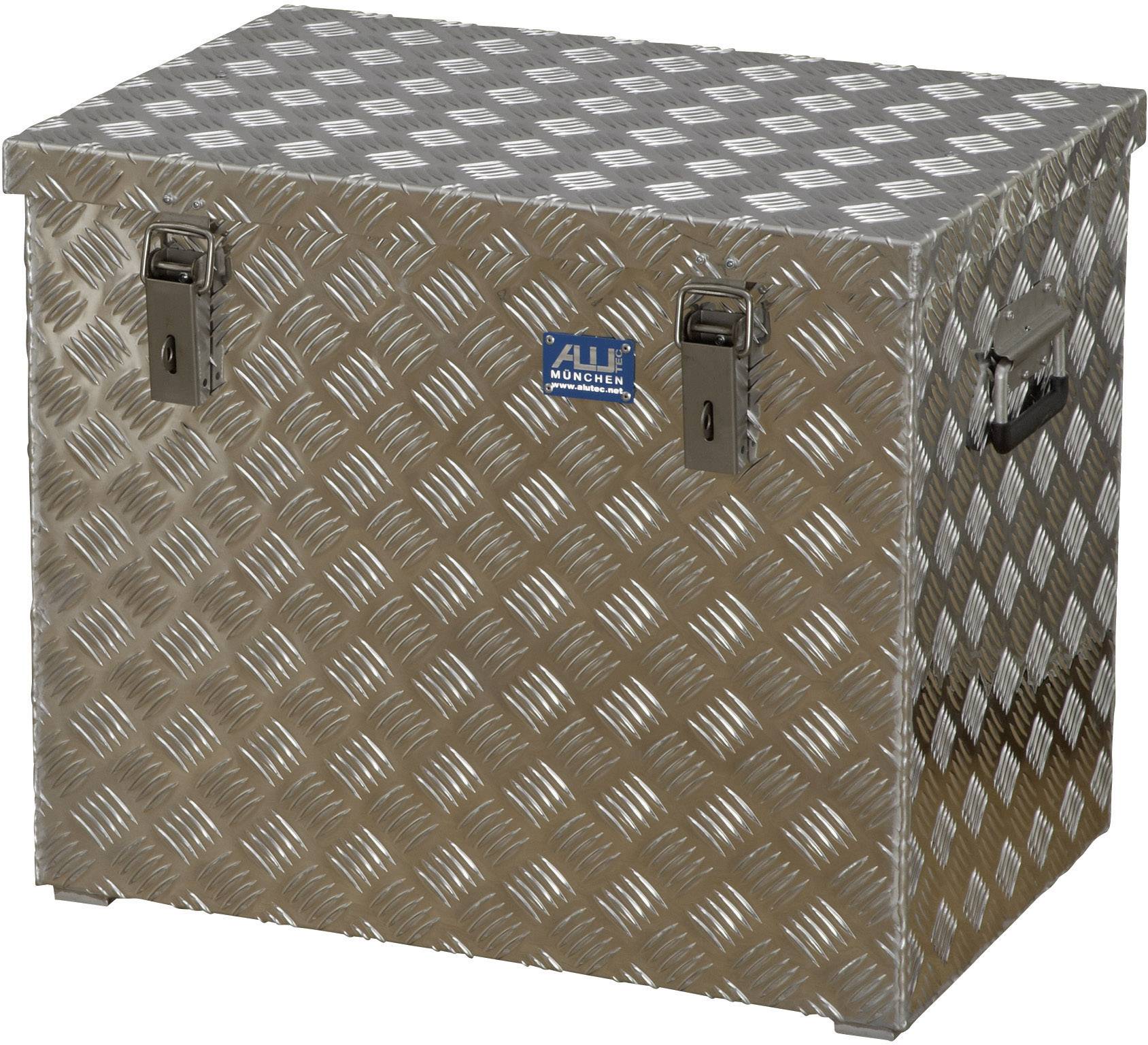 Aluminium kist met ruitvormig patroon, twee sluitingen en handgrepen aan de zijkanten.