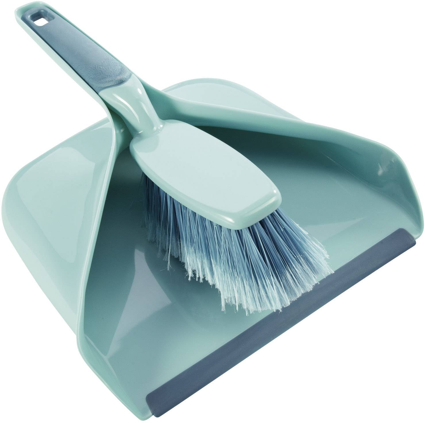 Turquoise vuilnisblik met bijpassende handveger. De borstels van de veger hebben twee kleurtinten: lichtblauw en turkoois.