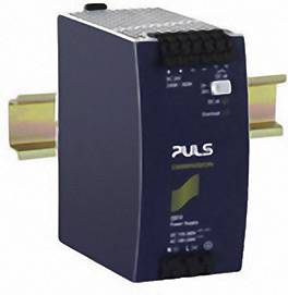 Interne stappenschakelaar-vermogenomvormer van Puls met blauwe behuizingskleur, gemonteerd op een DIN-rail.
