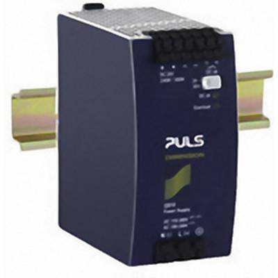 Interne stappenschakelaar-vermogenomvormer van Puls met blauwe behuizingskleur, gemonteerd op een DIN-rail.