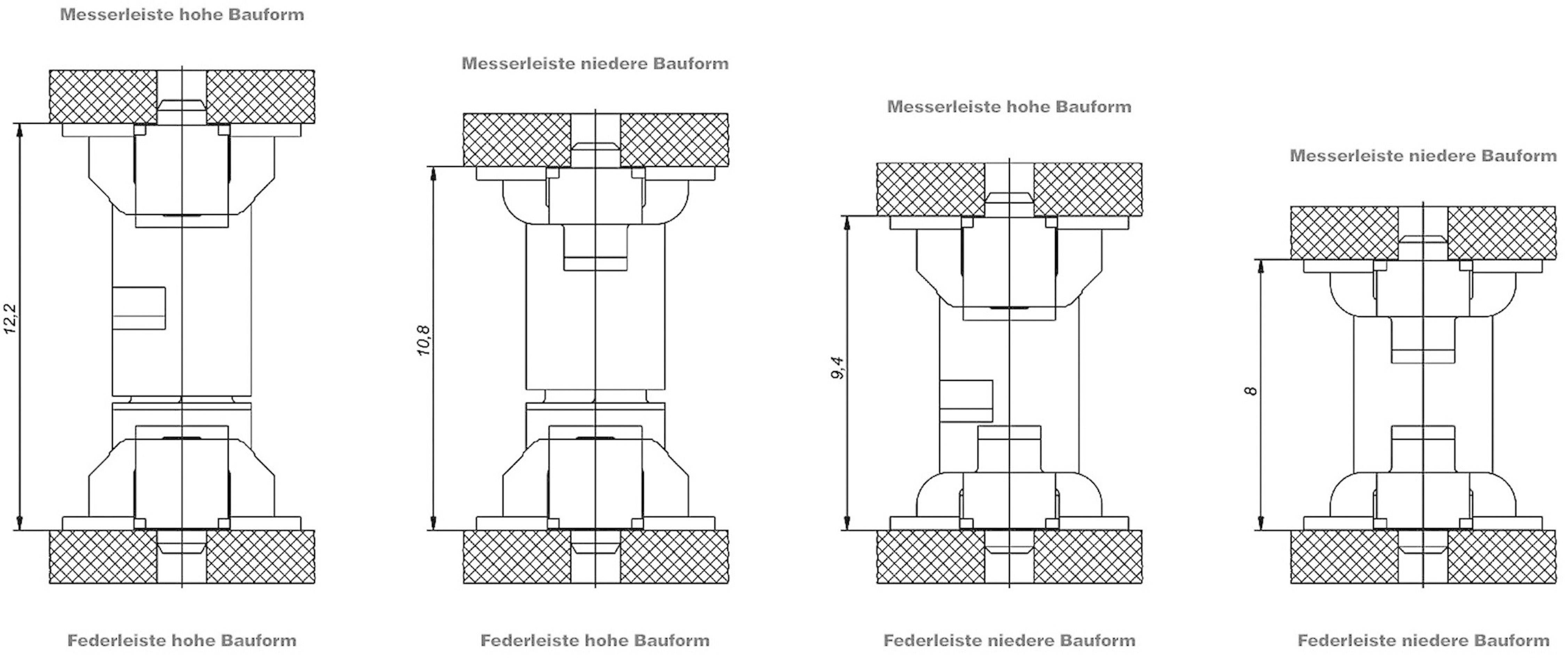 Tekening van vier mechanische onderdelen met afmetingen. Links: mes- en veerstrip in hoge uitvoering. Rechts: mes- en veerstrip in lage uitvoering.