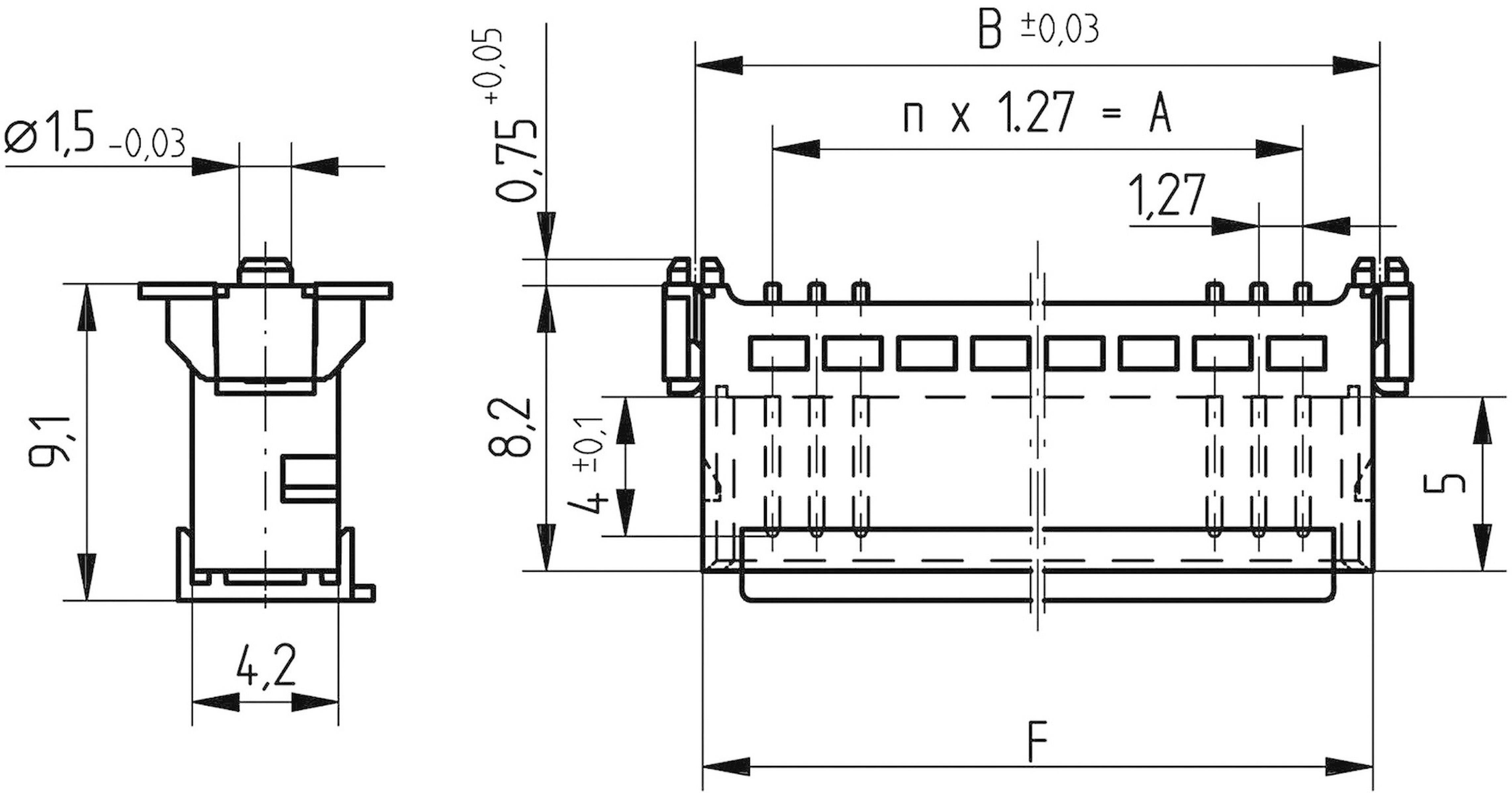 Technische tekening van een stekkerverbinding met afmetingen: Diameter 0,15 ±0,03; Breedte B ±0,03; Pinafstand 1,27; Hoogte 9,1 en 8,2.