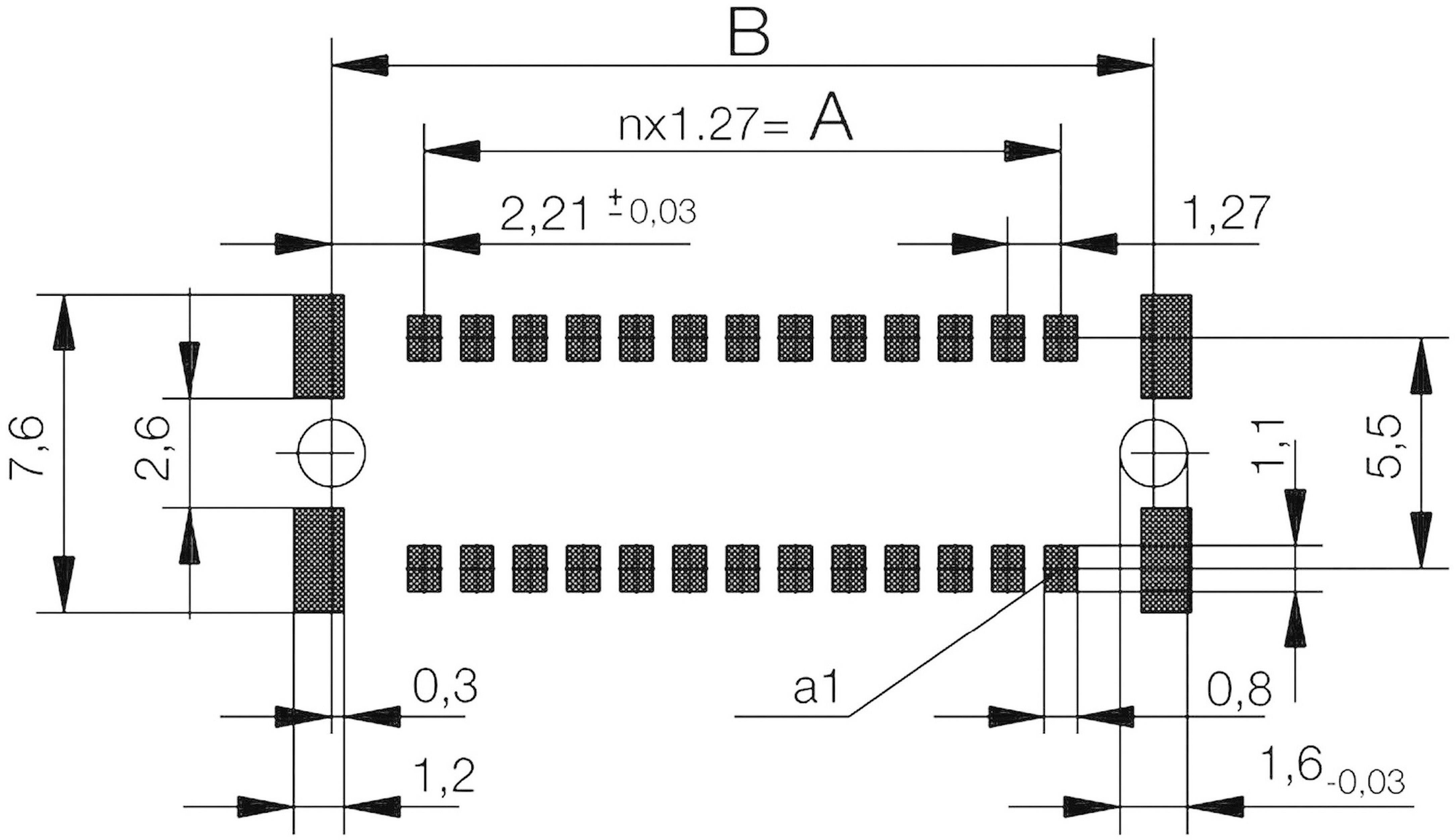 Technische tekening van een IC-behuizing met gedetailleerde afmetingen en specificaties, inclusief pinafstand en totale breedte.
