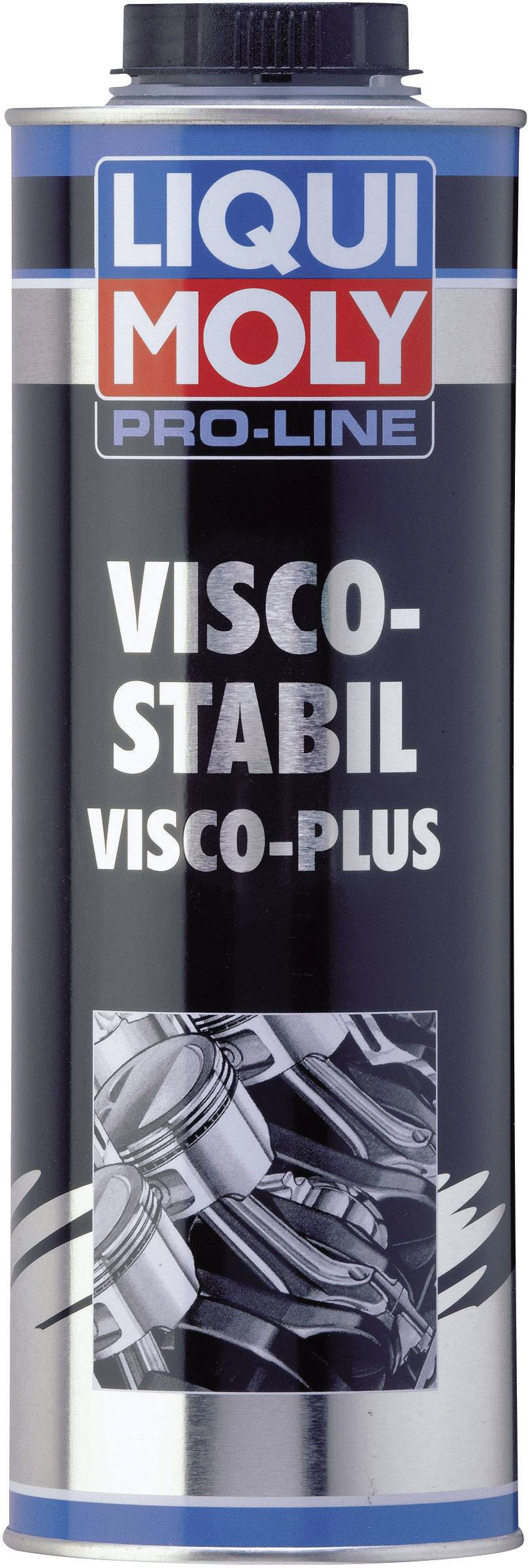Dosis Liqui Moly Pro-Line Visco-Stabil Visco-Plus, blauw-zilveren achtergrond, technische motorische tekening onderaan.