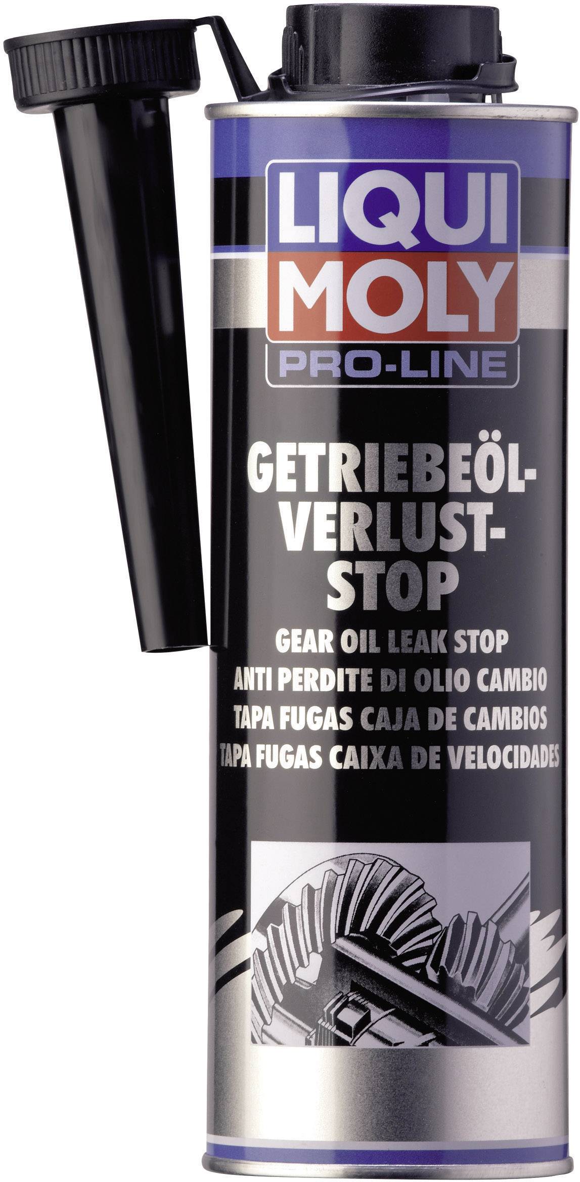 Bus met opschrift 'LIQUI MOLY Pro-Line Transmissieolie-Lek-Stop', afbeelding van een tandwiel onderaan. Product om transmissieolielekkage te voorkomen.