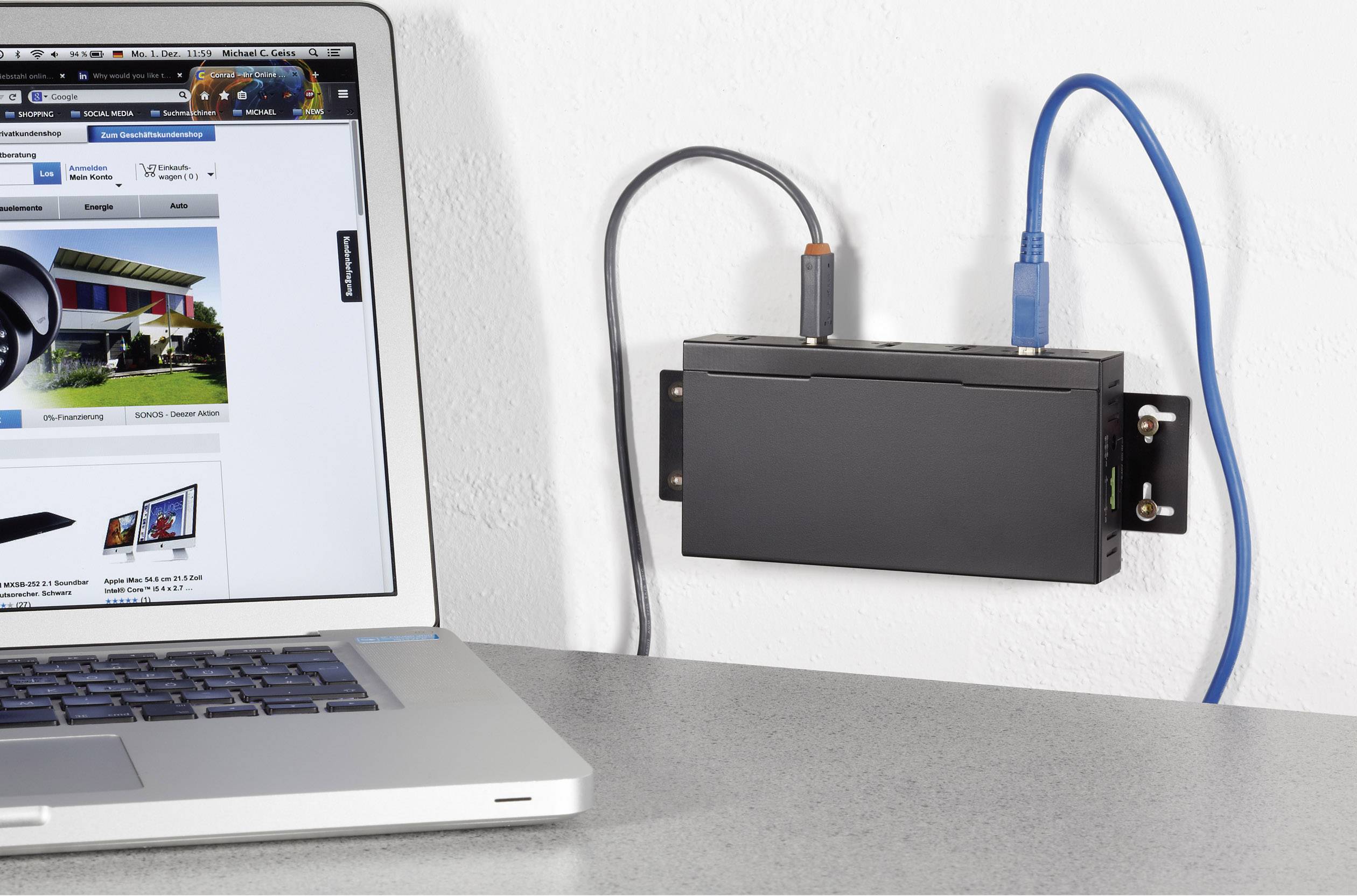 Renkforce 4 poorten USB-hub Voor industriële toepassingen, Voor wandmontage Zwart-3