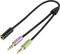 'Audio-splitter met een 3,5-mm-jackplug en twee aansluitingen. Eén is groen, de andere paars, voor koptelefoon en microfoon.'
