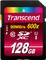 Een 128GB SDXC-geheugenkaart van Transcend met een leessnelheid van 90 MB/s en een classificatie van 600x.