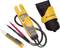 Multimeter-set met een gele digitale multimeter, twee meetkabels en een zwarte tas met geel Fluke-logo.