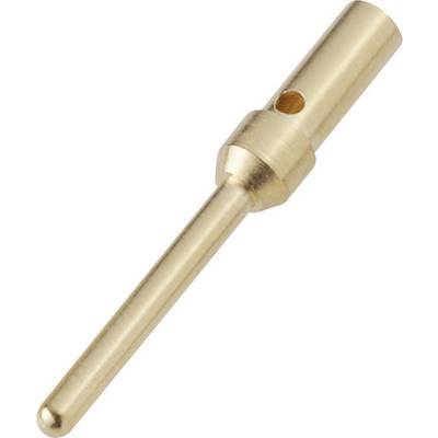 Een enkele gouden metalen pin met een cilindrische vorm en een kleine inkeping in het midden.