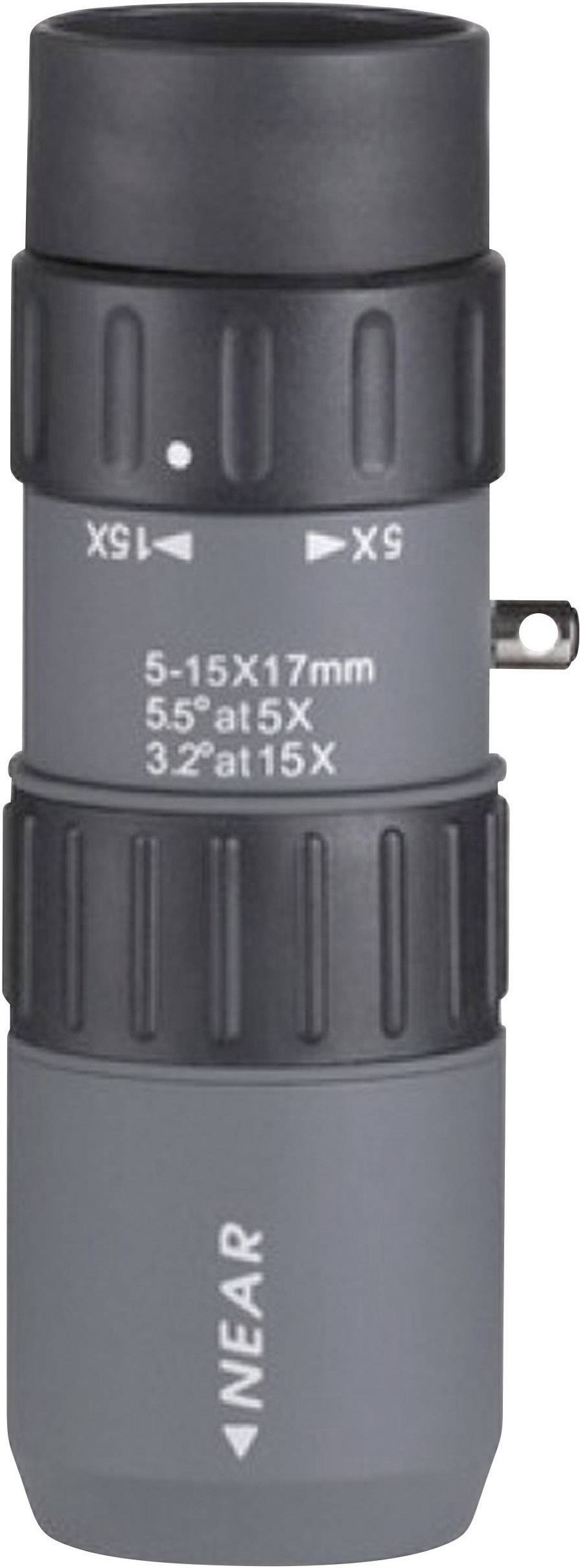 Grijs, cilindrisch monoculair verrekijker met de opschriften '5-15X17mm', '55° bij 5X', '3,2° bij 15X' en aanwijzingen voor zoom en focus.