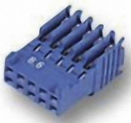 Een blauwe elektrische stekker met acht contactpunten, vaak gebruikt in de elektronica voor verbindingen tussen printplaten.