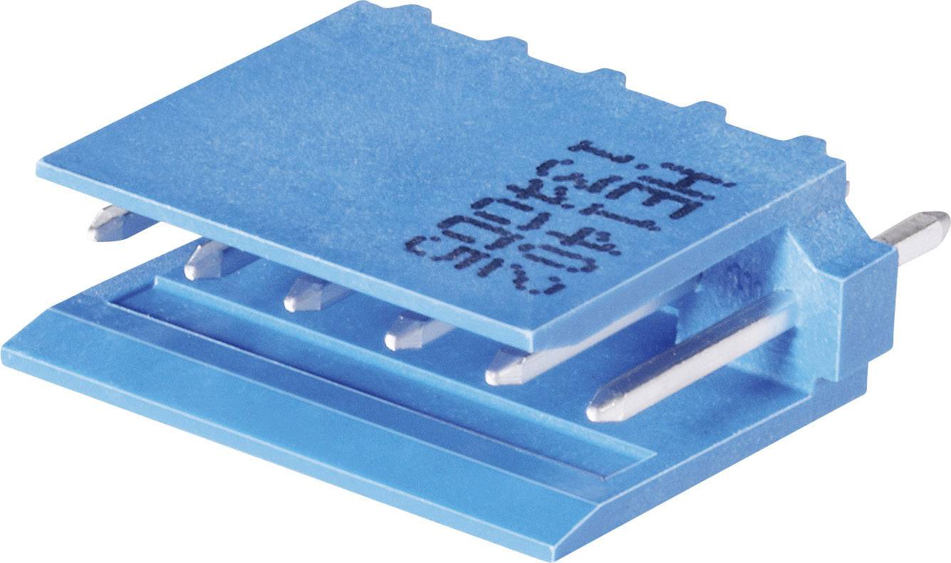 Blauwe jumper-kortsluitsteker met metalen pinnen, vaak gebruikt in elektronica voor het verbinden van schakelingen op printplaten.