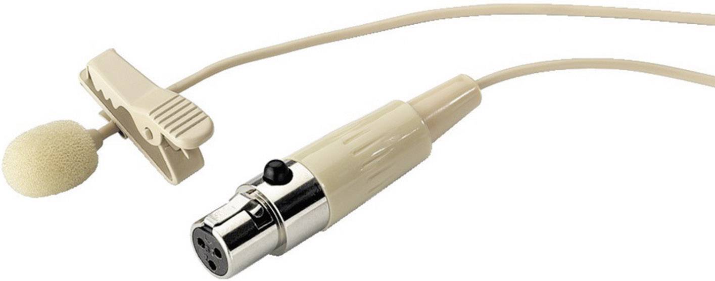 Een beige dasspeldmicrofoon met schuimrubberen kap en XLR-aansluitkabel, gebruikt voor spraak- en audio-opnames.