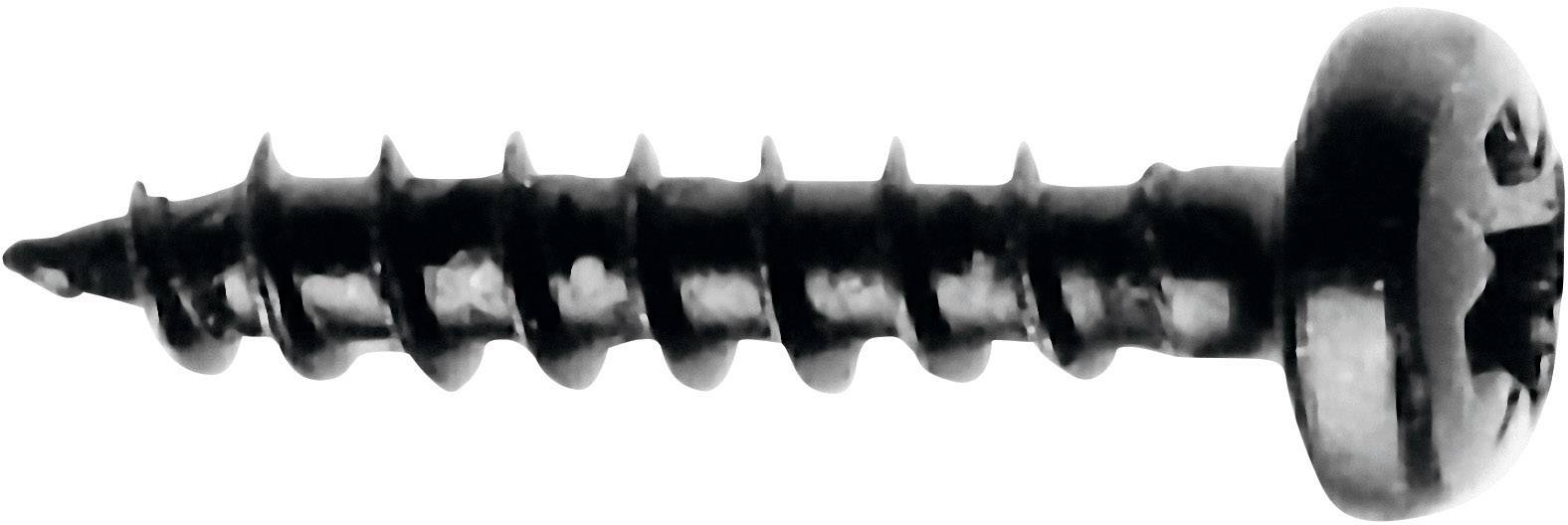 Een zwarte metalen schroef met een kruiskopje en een grove draad, geschikt voor hout- of metaalverbindingen.