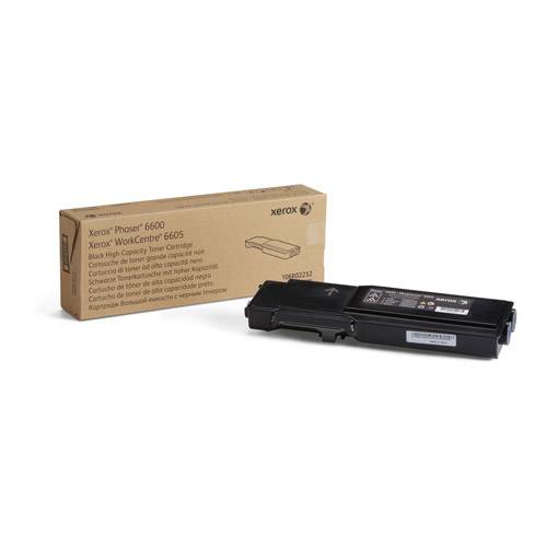 Een zwarte tonercartridge voor een bruine verpakking van Xerox Phaser 6600 en WorkCentre 6605 toont het merk en modelnummer.