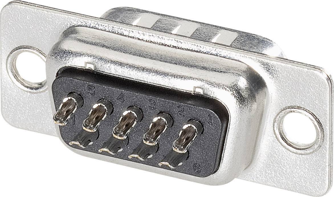 D-Sub-connector, 9-polig, wordt gebruikt voor seriële verbindingen in computers en communicatieapparatuur.