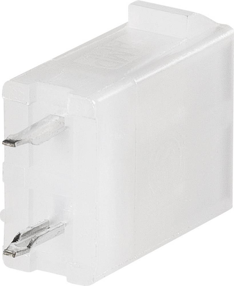 Een rechthoekige, witte kunststof stekker met twee metalen pinnen, die worden gebruikt voor elektrische aansluitingen.