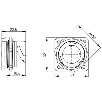Technische tekening van een ronde stekkerverbindingscomponent met afmetingen: diameter 22,8 mm, vierkante basis 32 mm, SW30.
