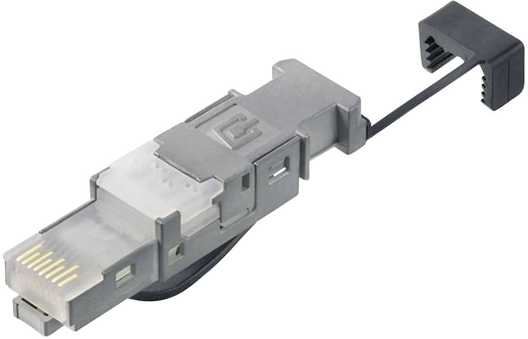 Een SFP-connectorkabel met beschermdop, voornamelijk gebruikt voor het verbinden van netwerkapparatuur via glasvezel- of koperbekabeling.