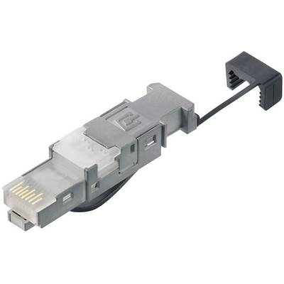 Een grijze RJ45-stekker met een afneembare beschermkap, typerend voor netwerkkabelverbindingen in computernetwerken.