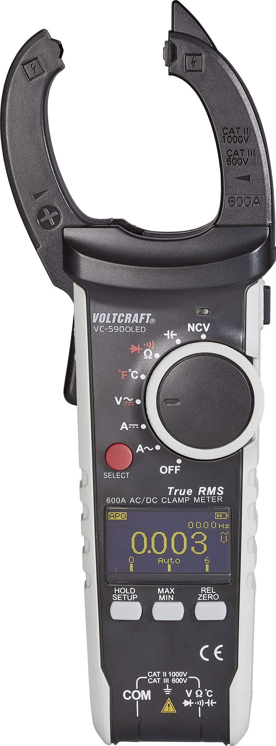 'Multimeter met klemmetingsmodus, weergave voor spanning, stroom en andere meetwaarden. Model VC-590OLED van Voltcraft.'