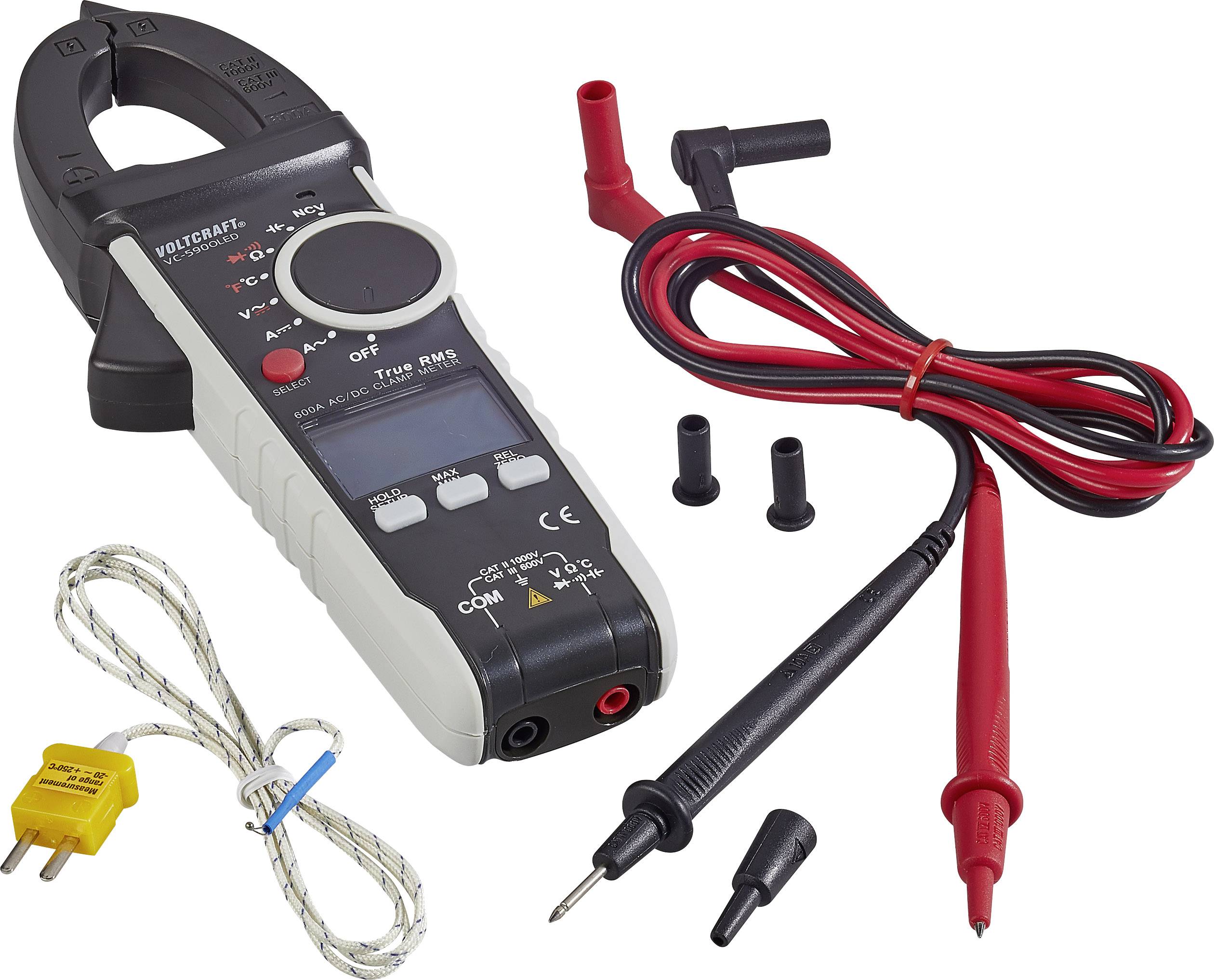 Digitaal stroommetingsapparaat met klemmen, meetkabels en een temperatuursensor, geschikt voor elektrische diagnoses en metingen.