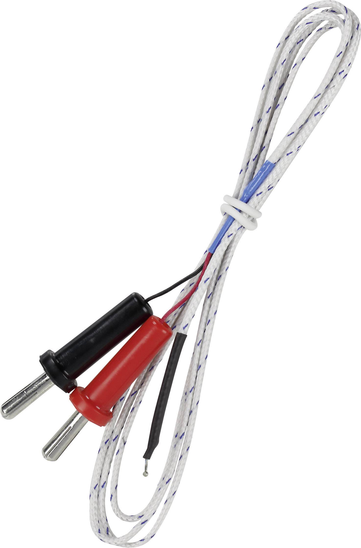 Een kabel met zwarte en rode stekkerverbindingen, die verbonden zijn door een witte draad. Het wordt vaak gebruikt voor meetapparatuur.