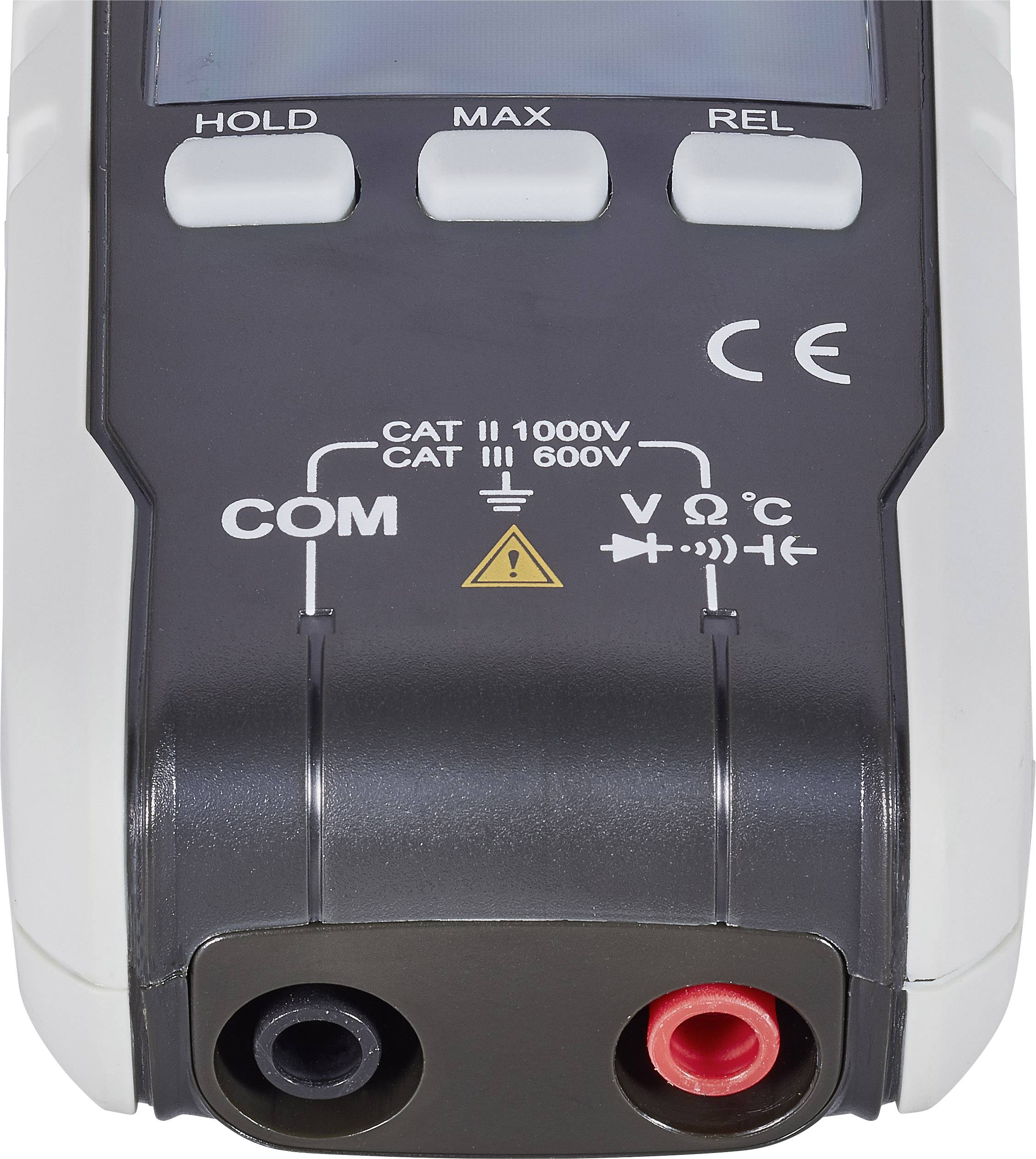 Een digitaal multimeter met aansluitingen voor meetkabels en indicatoren voor spanningsmetingen tot 1000V en 600V.