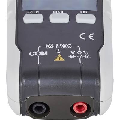 Een digitaal multimeter met aansluitingen voor meetkabels en indicatoren voor spanningsmetingen tot 1000V en 600V.