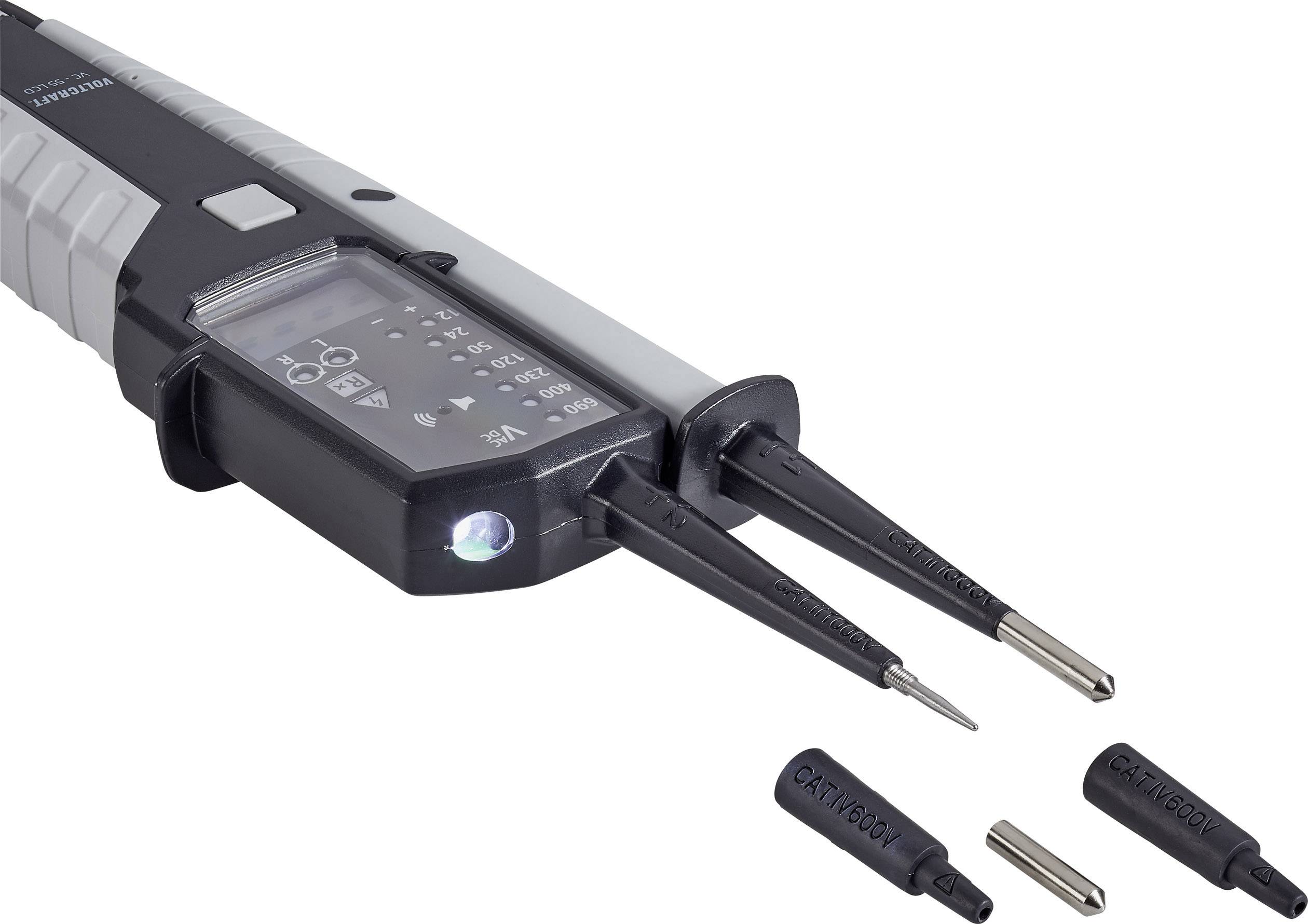 Elektronisch testapparaat met twee meetpunten, verlicht display en drie verwisselbare puntopzetstukken.