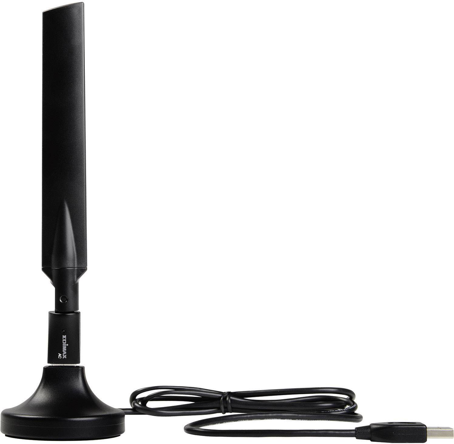 Zwarte staafantenne met ronde voet en lang kabel. Hij is geschikt voor gebruik binnenshuis en bedoeld om de tv-ontvangst te verbeteren.