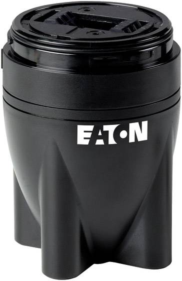 Een zwarte, cilindrische houder voor elektronische componenten met daarop gedrukt het 'EATON'-logo.