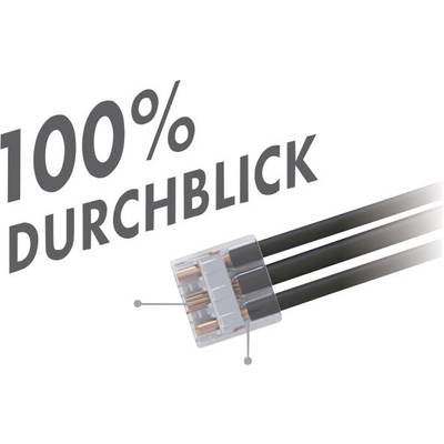 De afbeelding toont een transparante kabelverbinding met drie zwarte draden. De tekst ernaast luidt '100% doorzicht'.