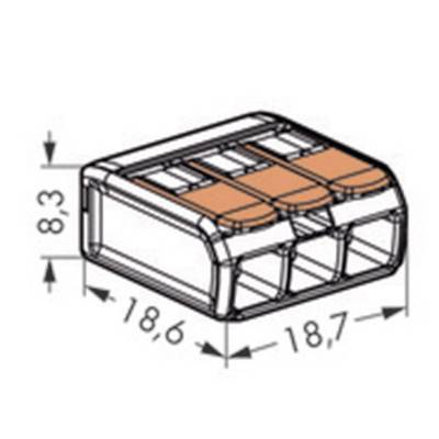 Een technische tekening toont een transparante stekkerverbinding met drie ingangen. Afmetingen: 18,6 mm x 8,3 mm x 18,7 mm.