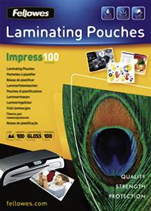 Verpakking voor Fellowes Lamineerhoezen Impress 100, toont gebruiksafbeeldingen, lamineerapparaat, illustraties zoals pauwenveer, benadrukt kwaliteit en bescherming.