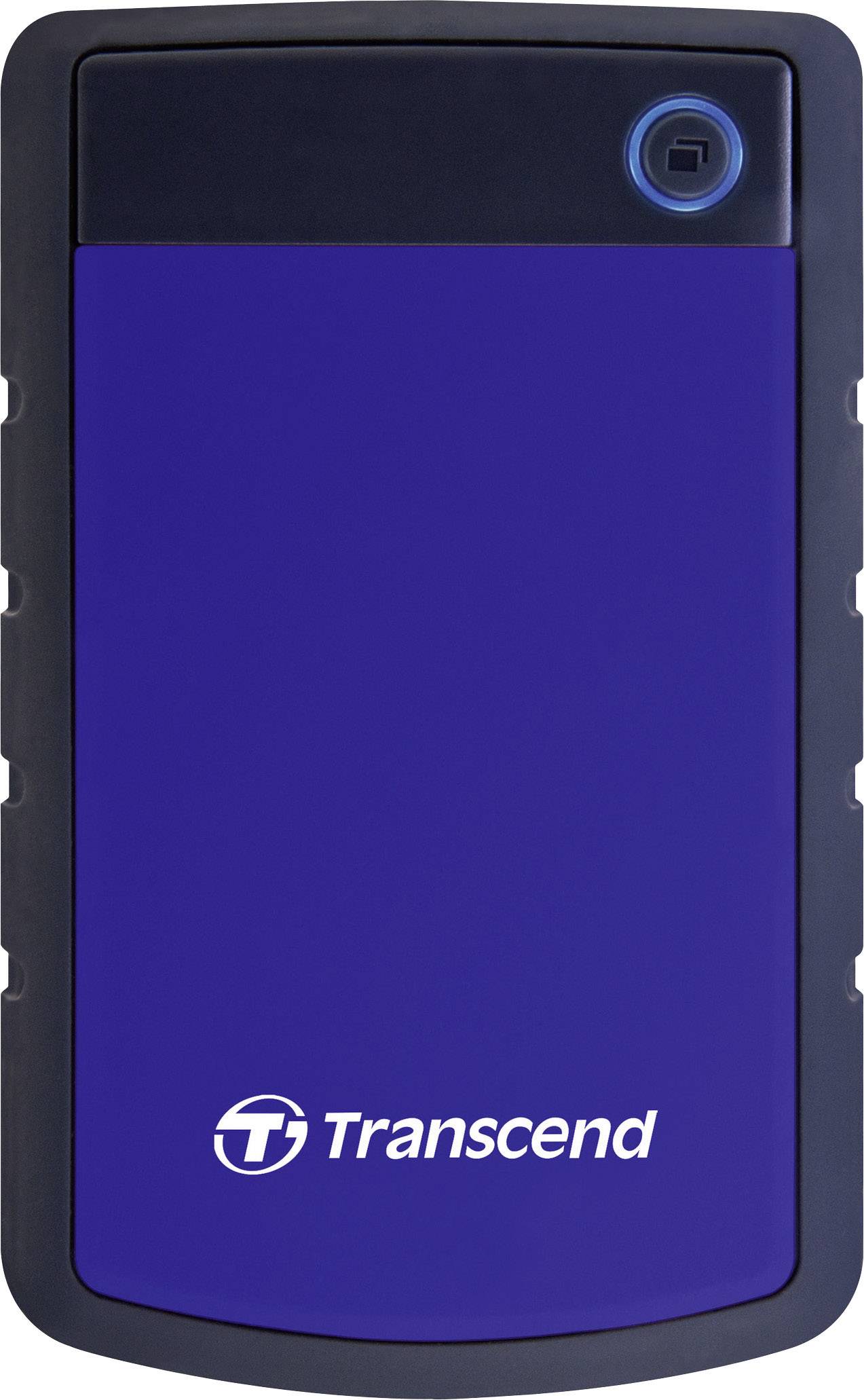Externe harde schijf Transcend, met een blauw en zwart behuizing, is robuust ontworpen om gegevens op te slaan en te beschermen.
