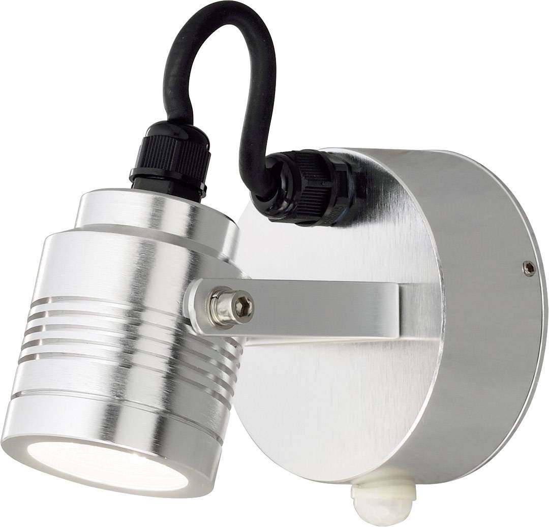 Zilveren LED-wandlamp met cilindrische behuizing en zwart snoer. Ideaal voor moderne interieurs.