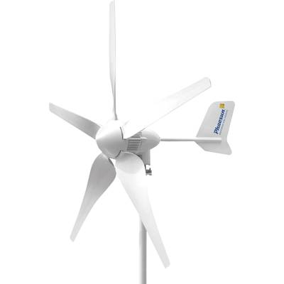 Klein, wit windturbine met meerdere wieken en opschrift op de achterkant, geschikt voor het opwekken van duurzame energie.