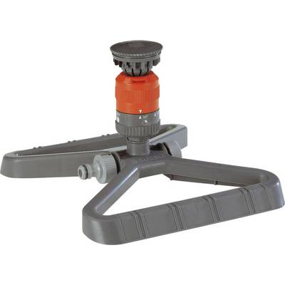Een grijze sproeier met een oranje draaiknop voor het instellen van de irrigatie. Geschikt voor gelijkmatige tuinbesproeiing.