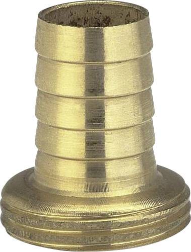 Een messing gekleurde slangaansluiting met een geribde oppervlakte voor een vaste grip en een brede basis voor stabiliteit.