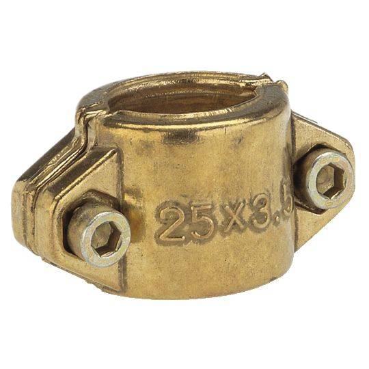 Messing-fitting met de markering '25x3.5'; twee zeskantbouten aan de zijkanten, vaak gebruikt in buisverbindingen.