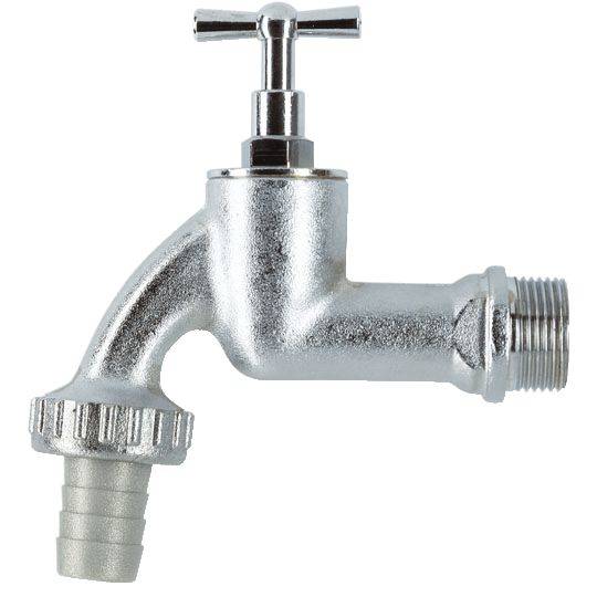 Zilveren waterkraan met draaiknop en schroefdraadaansluiting, geschikt voor tuinslangen.
