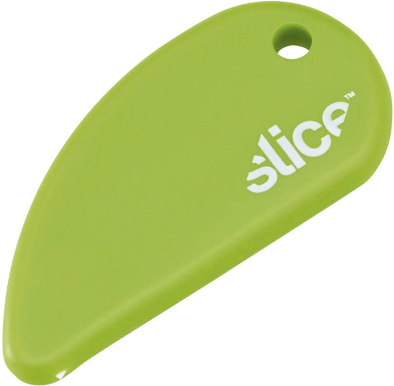 Groene veiligheidsmes met gat en het opschrift 'slice' op het oppervlak.