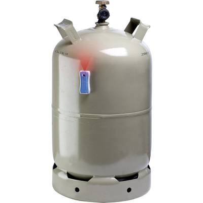 Grijze, rechtopstaande gasfles met een ventiel bovenaan en een kleine blauwe indicator aan de zijkant; rood licht knippert op de indicator.