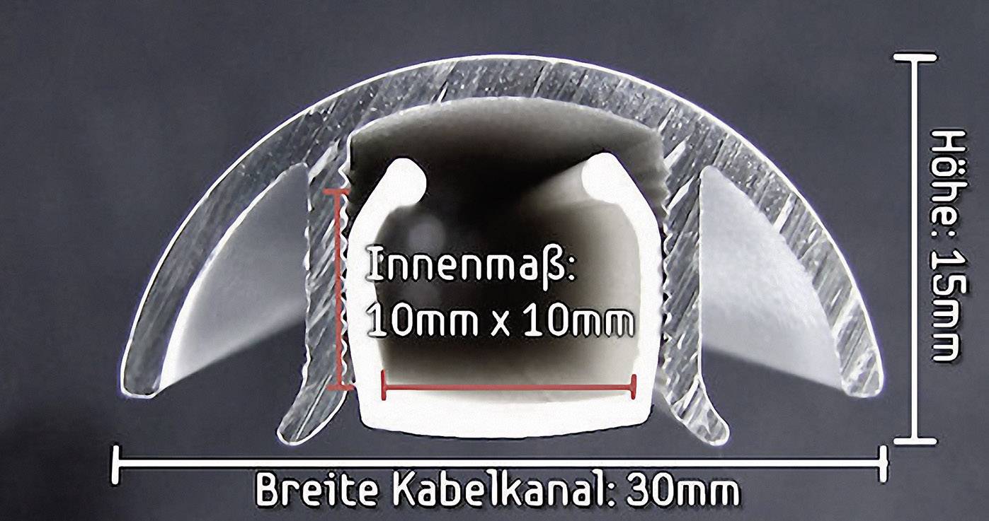 Doorsnede van een kabelgoot met de afmetingen: Binnenafmeting 10 mm x 10 mm, hoogte 15 mm, breedte 30 mm.