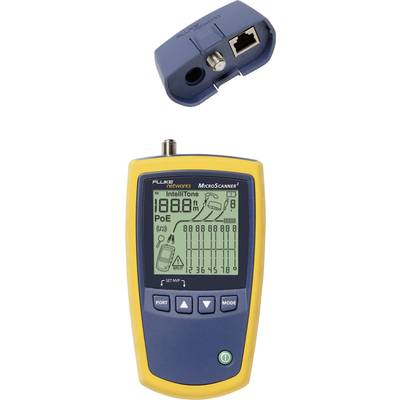 Een geel handapparaat voor kabeltesten met een groot display toont meetwaarden en kabeltypen. Bevat aansluitingen voor verschillende tests.