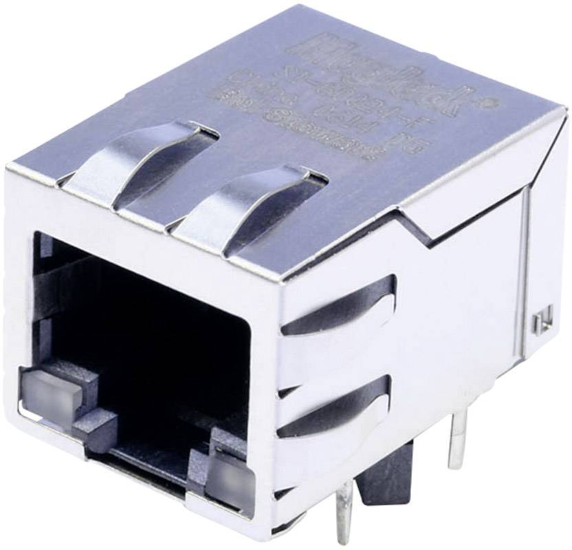 Metalen RJ45-aansluitbus in rechthoekige vorm met acht pinnen, geschikt voor Ethernet-verbindingen.