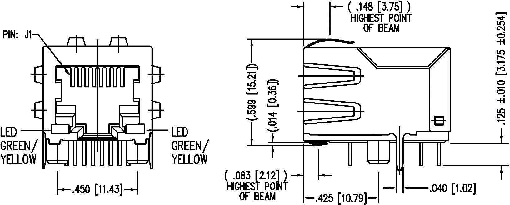 'Technische tekening van een stekkerverbinding met afmetingen en LED-indicatoren in groen/geel.'